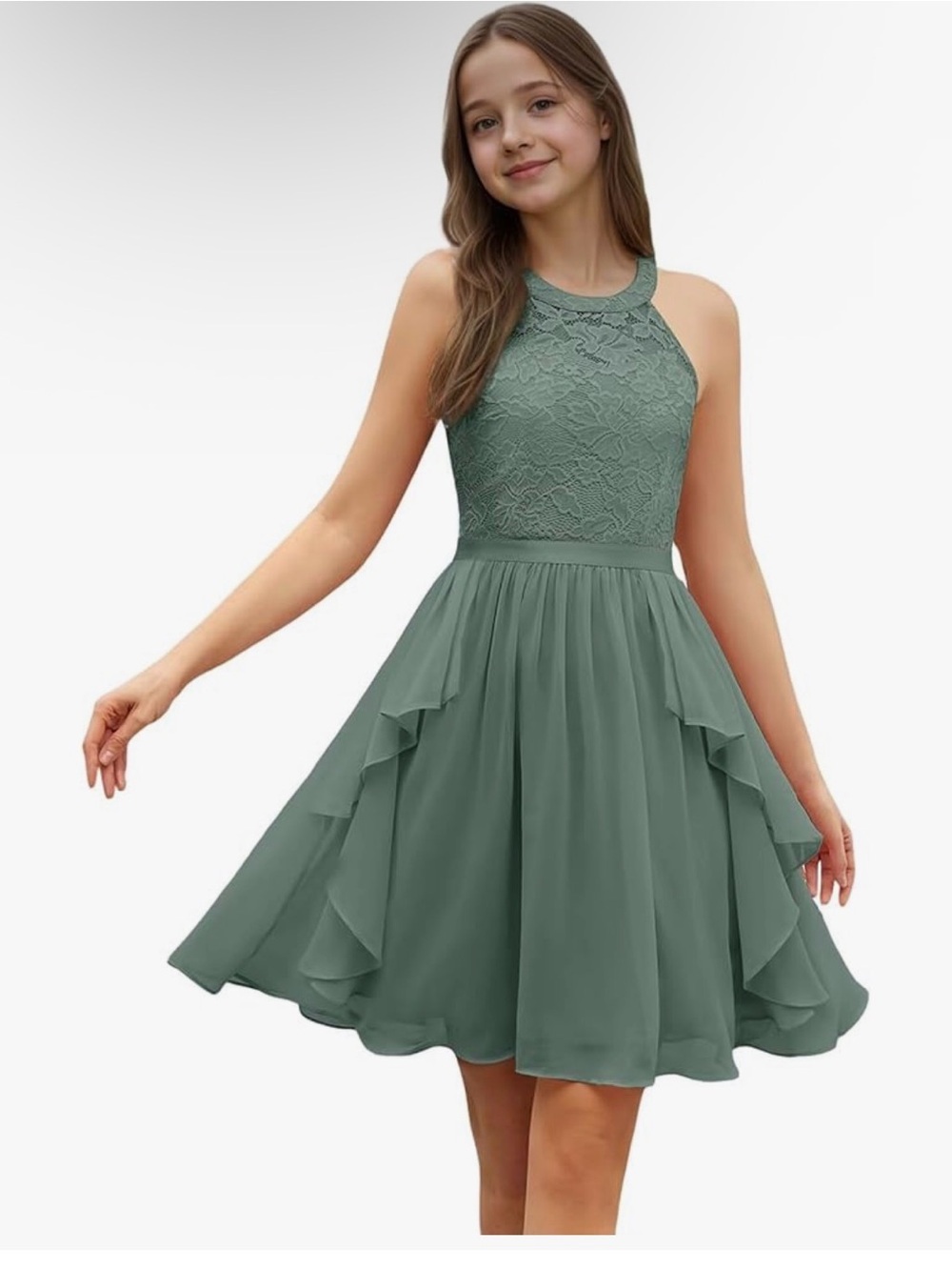 Girls Lace Halter Party Dress in Sage Green